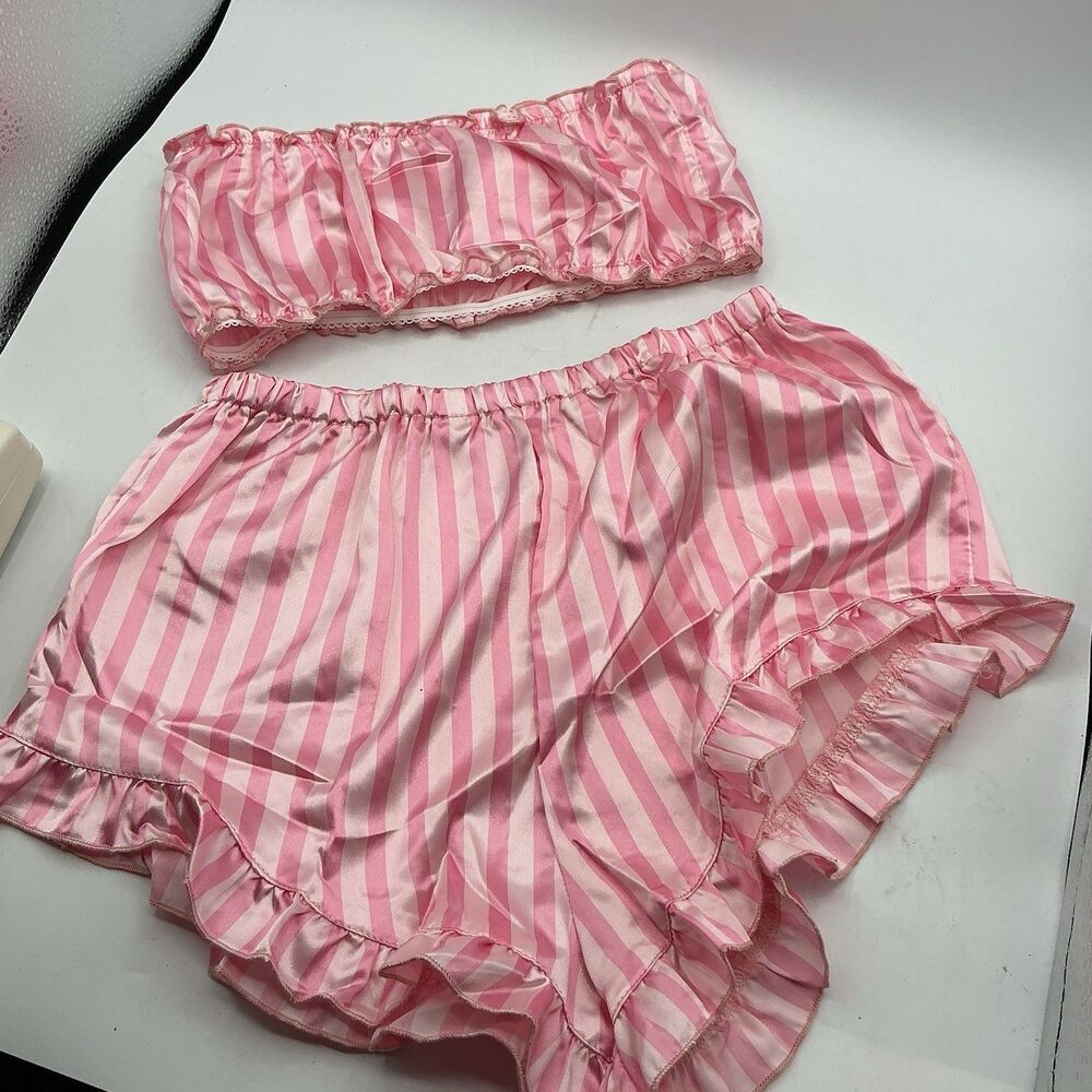 Pink White Striped Satin Pajama Set Women’s Small Ruffle Lounge Sleepwear 2Pc